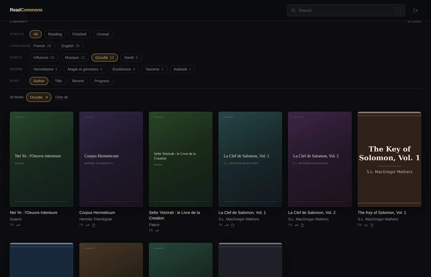 The library screen: a grid of book covers with shelves, genres and a search field