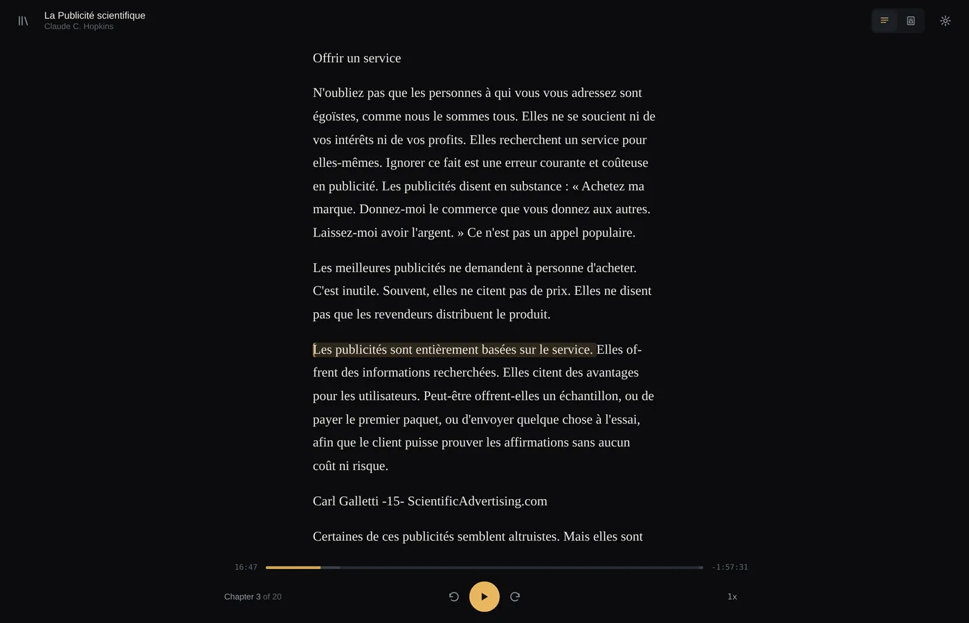 The reading screen: the book text with the spoken sentence highlighted, and the player at the bottom